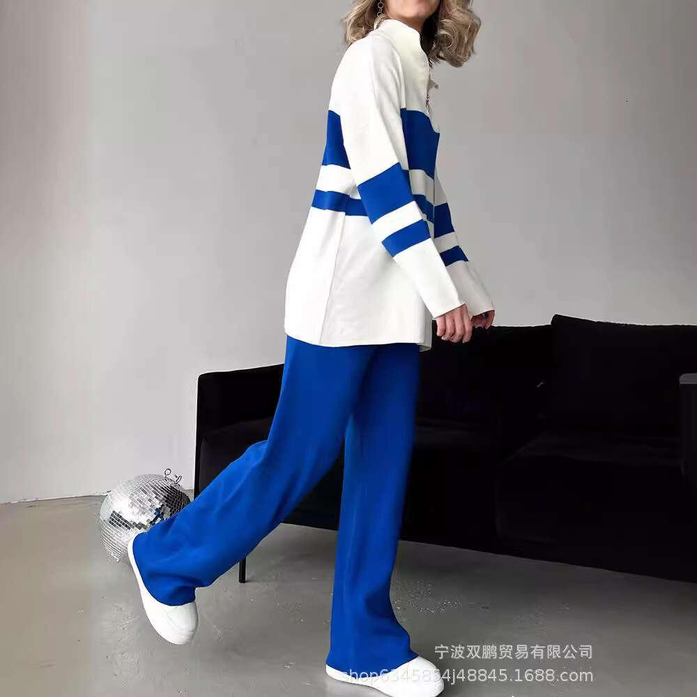 Style Loose Sweater For Women Thickened Autumn Winter Solid Color Zipper Top And Leg Pants Casual Two-Piece Set B5