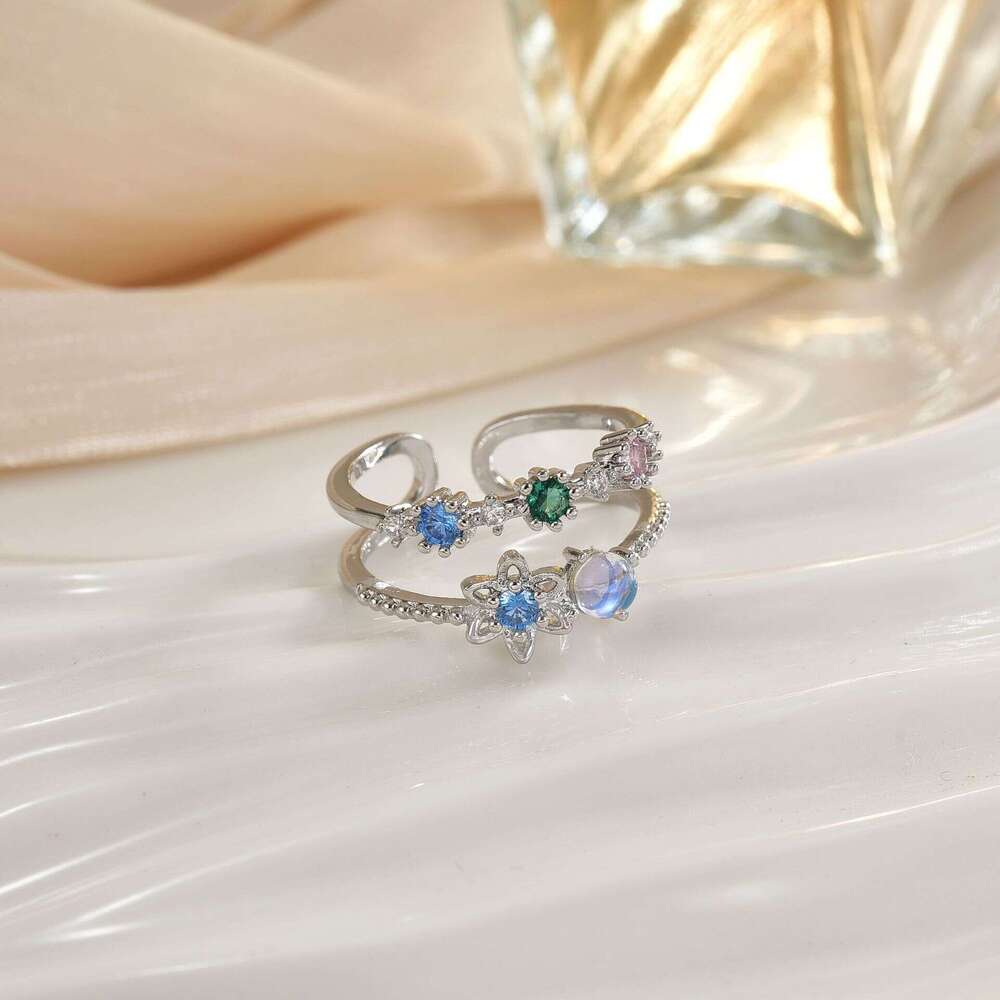Daily Flash Diamond Crystal Zircon Micro Paved Sweet Versatile Heart Flower Open Ring Hand Jewelry E4a