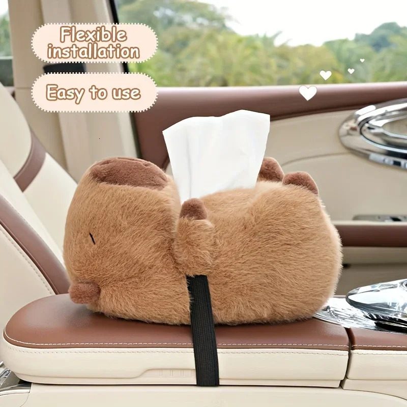 Plush Capybara Car Tissue Holder Cute Cartoon Hanging Automotive Tissue Box for Car Seat Back Sun Visor Accessories 250715