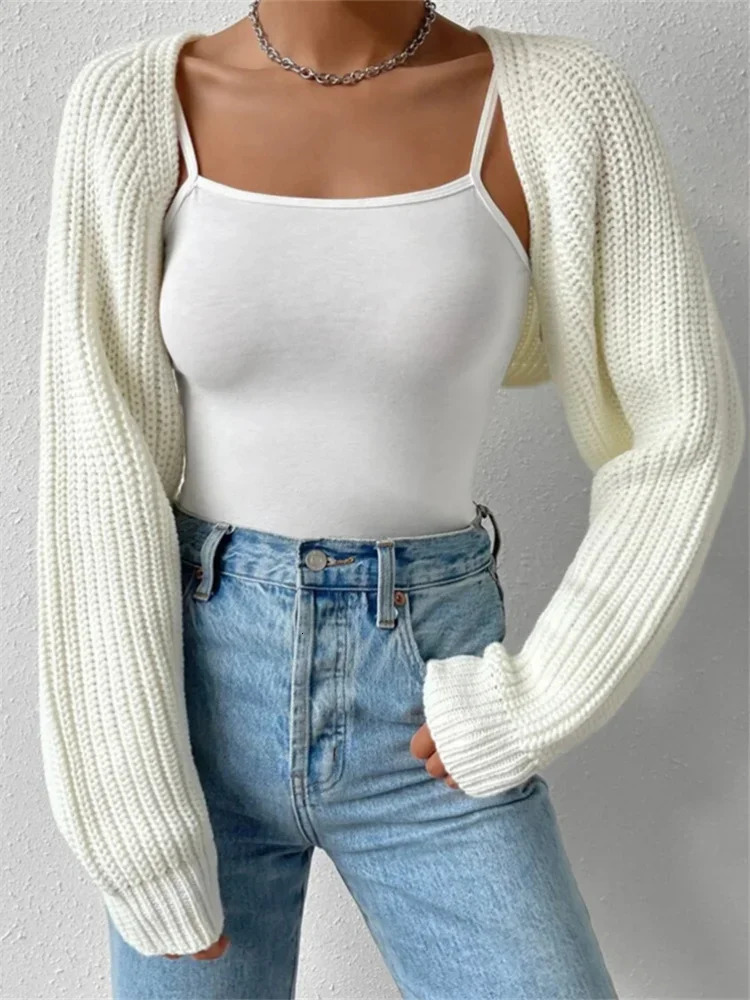 Women Sweater Shrug Solid Color Puff Long Sleeve Cardigan Knit Crop Tops Autumn Winter Vintage Outerwear Fashion Gothic Y2K y250707