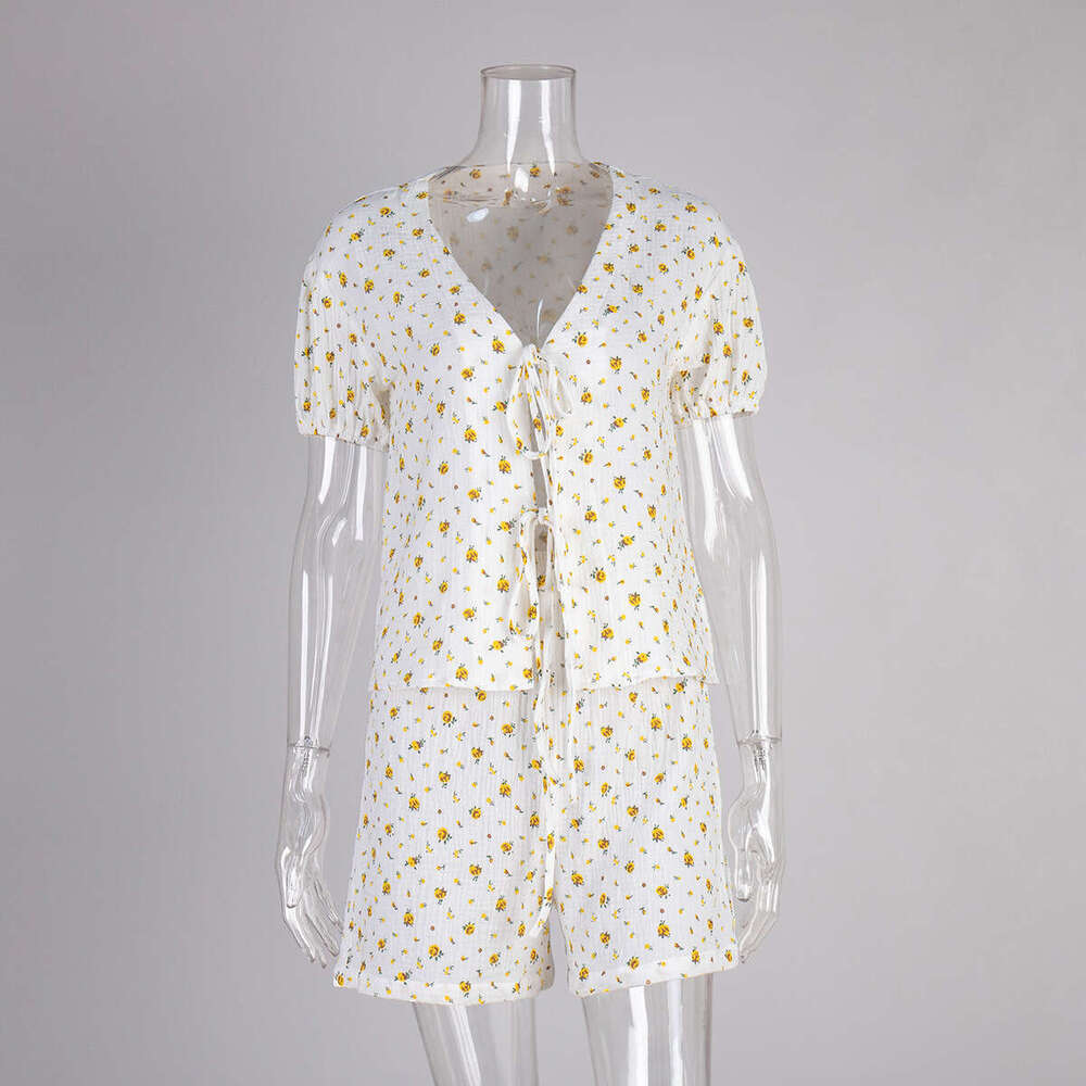 Pure Cotton Printed Short Set Summer New Tie Strap Puff Sleeve Loose Shorts B5