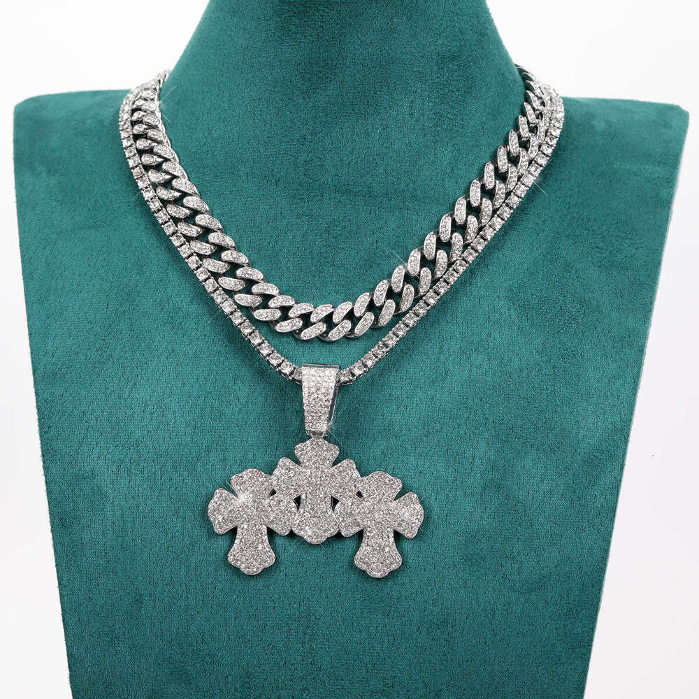 Fashion Jewelry Inlaid Dia Spliced Cross Single Pendant Punk Hip Hop Men's Necklace Straight Hair