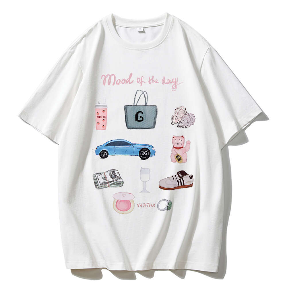 Hand-Painted Print T-Shirt For Women, Summer New Versatile Loose Round Neck Pure Cotton Short Sleeve Top Ins B5