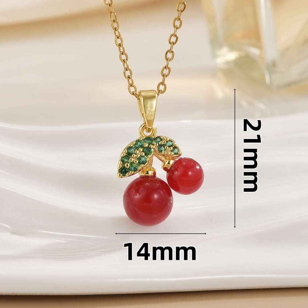 Elegant And Sweet Girl Student Cute Gift Red Cherry Fruit Necklace Collarbone Titanium Steel Chain For Women 994
