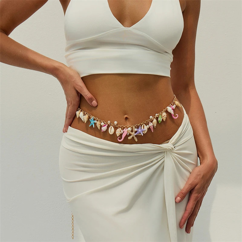 Boho Starfish Shell Pendant Waist Chain for Women Trendy Pearl Seahorse Beaded Waist Link Bikini Belly Chain Body Jewelry 250716