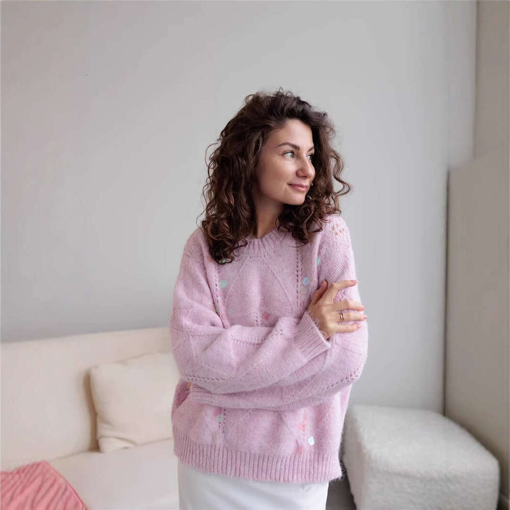 French Style Sequin Hollow Soft Sweater Knitwear For Women Autumn Winter Heavy Craft Design Niche Lazy Loose Top B5
