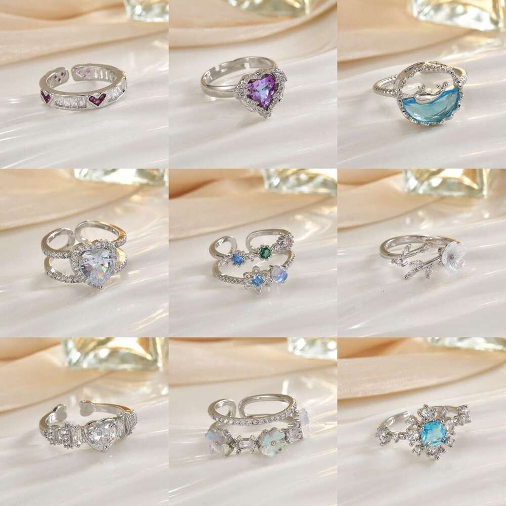 Daily Flash Diamond Crystal Zircon Micro Paved Sweet Versatile Heart Flower Open Ring Hand Jewelry E4a