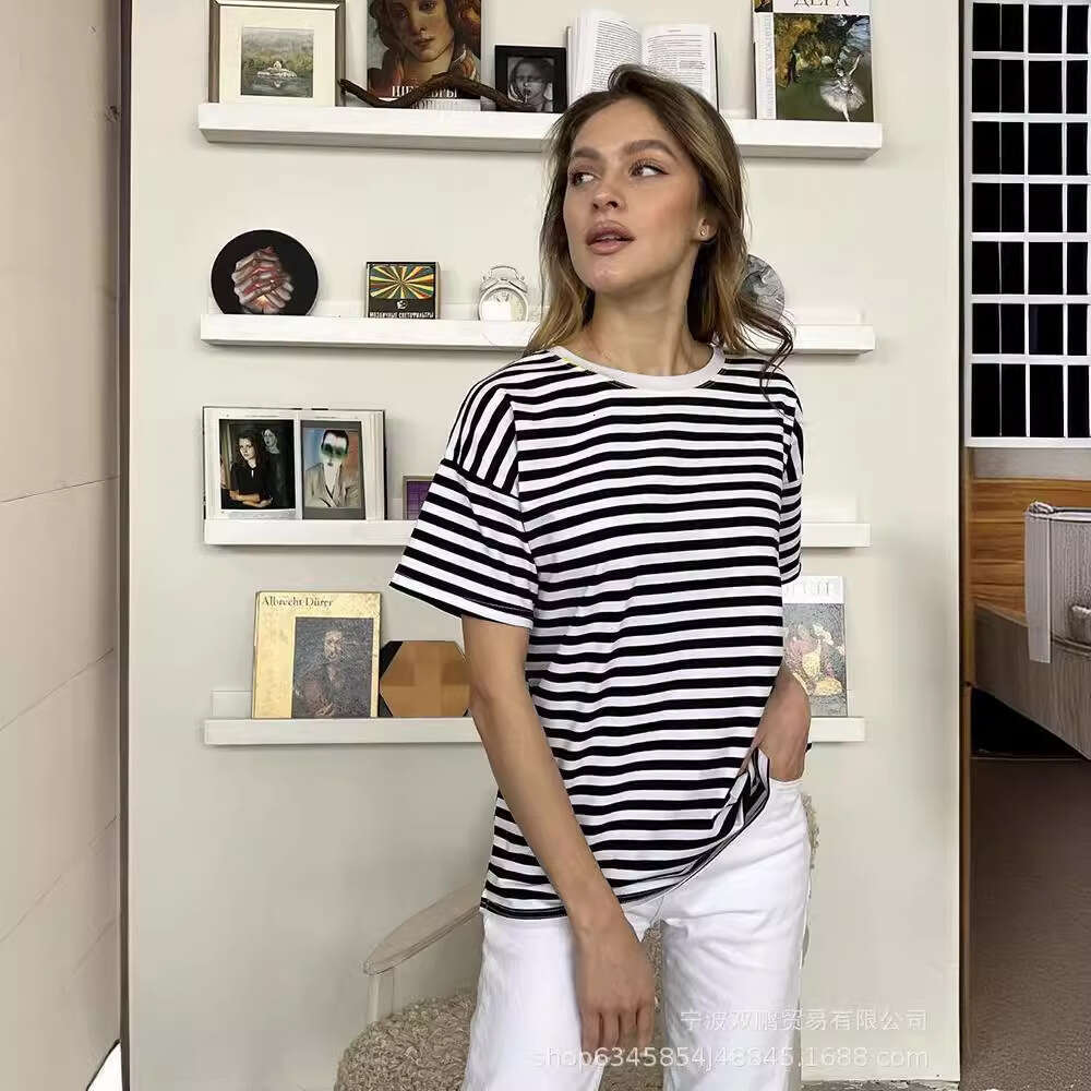 Spring Summer Casual Loose Striped T-Shirt For Women Cotton Round Neck Long Sleeve Pullover Top B5