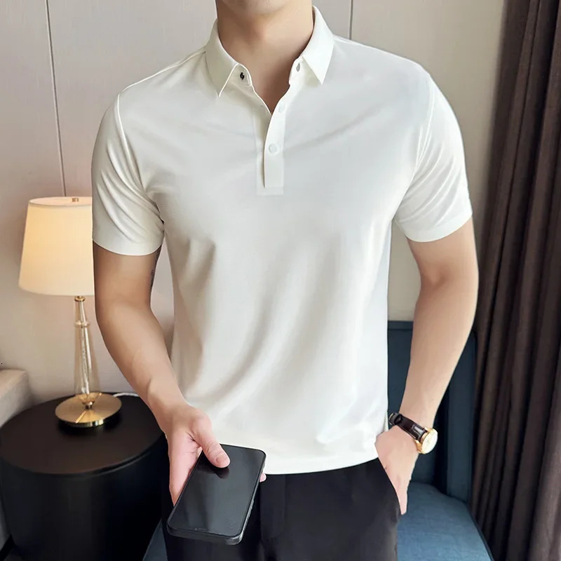 Men Polo Shirt 2025 Summer Ice Silk Light Thin Traceless Solid Casual Elastic Slim Fit Short Sleeved T-shirt Men Clothing 250715