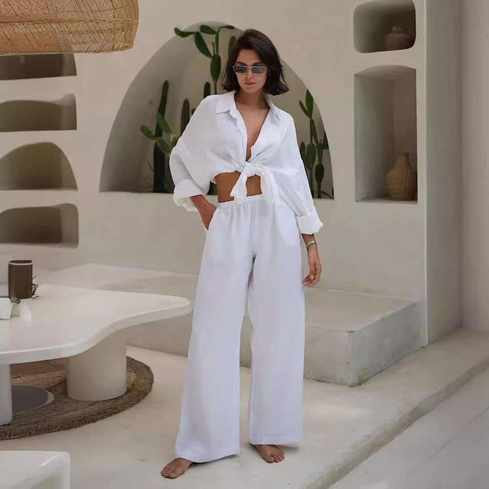 Long Sleeve Spring Summer New Women's Loose Casual Cotton Shirt + Pants Set B5