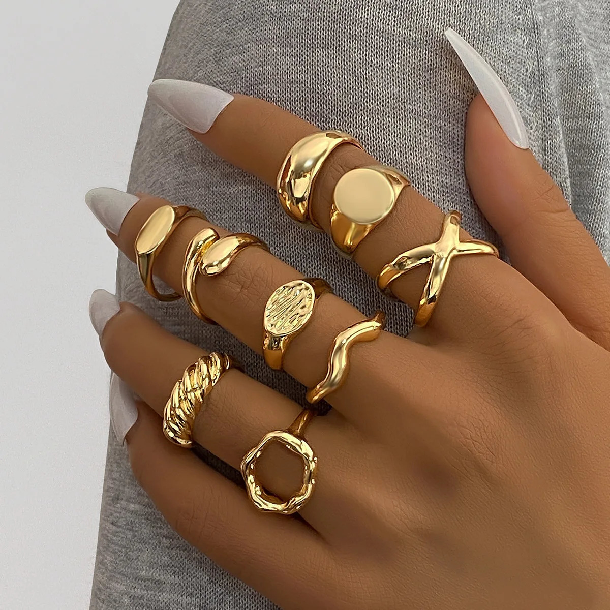 15Pcs/Set Fashion Punk Metal Irregular Lava Open Lines Water Droplet Lava Star Rings Set For Women Punk Geometric Smooth Jewelry 250716