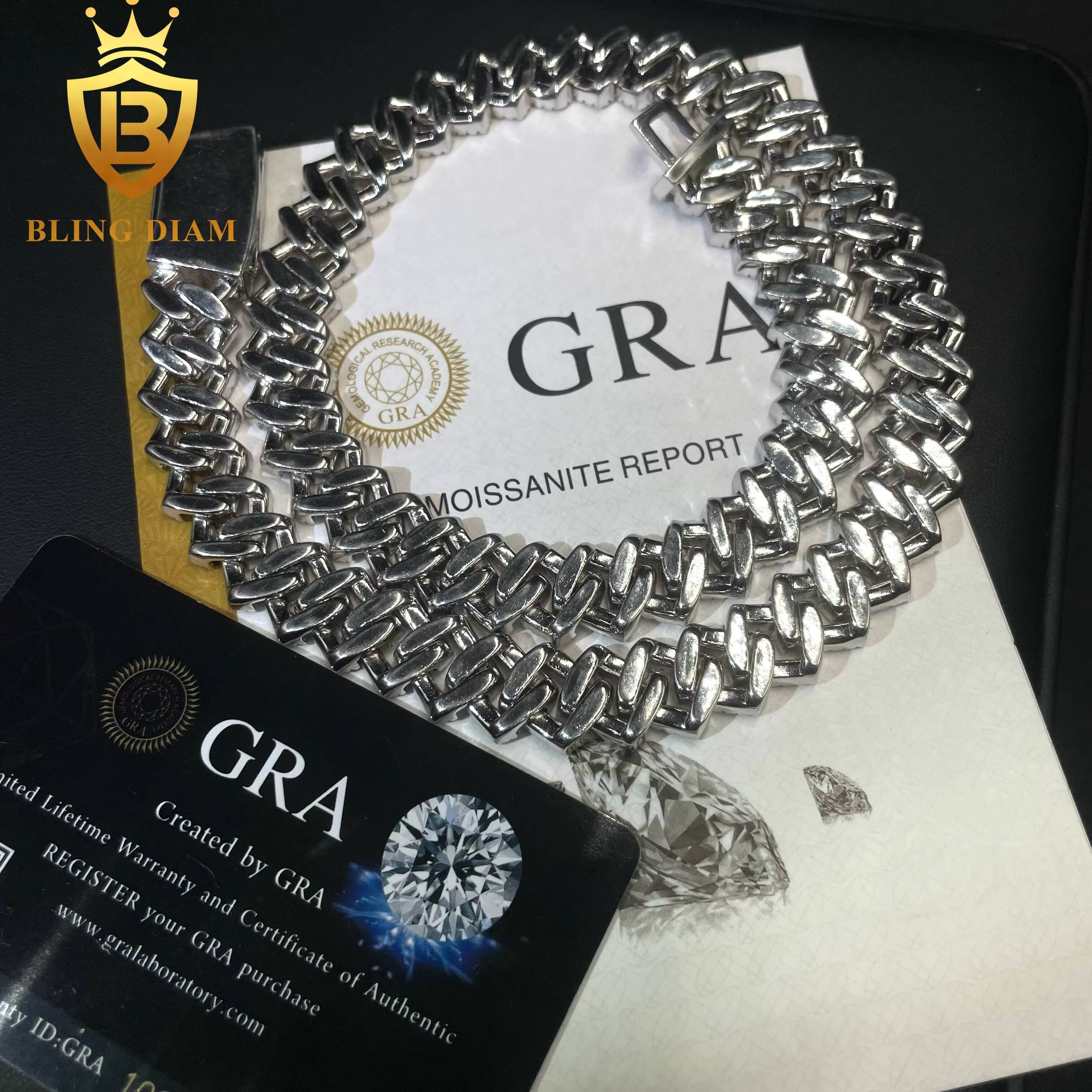 Fashion 14MM Moissanite Cuban Necklace Vvs Ice Out Round Brilliant Cut Diamond 925 Silver Fine Cuban Link Chain Men