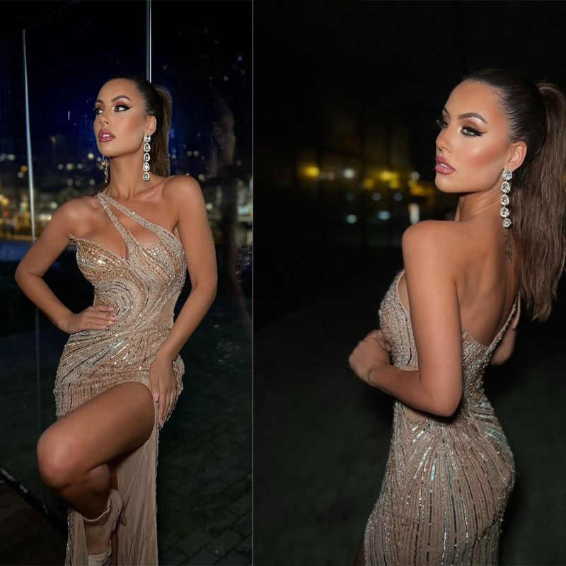 Modern Mermaid Evening Dress One Shoulder Sequins Beaded Prom Gowns Sexy High Splits Floor Length Formal Dresses Customized