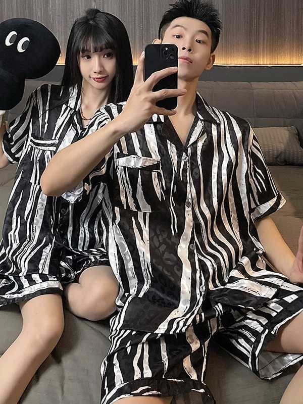 100% Ice Silk Couple Pajamas Set Mens Summer Thin Short-Sleeved Plus Size Sleepwear Womens Teen Striped Loungewear Suit W250717