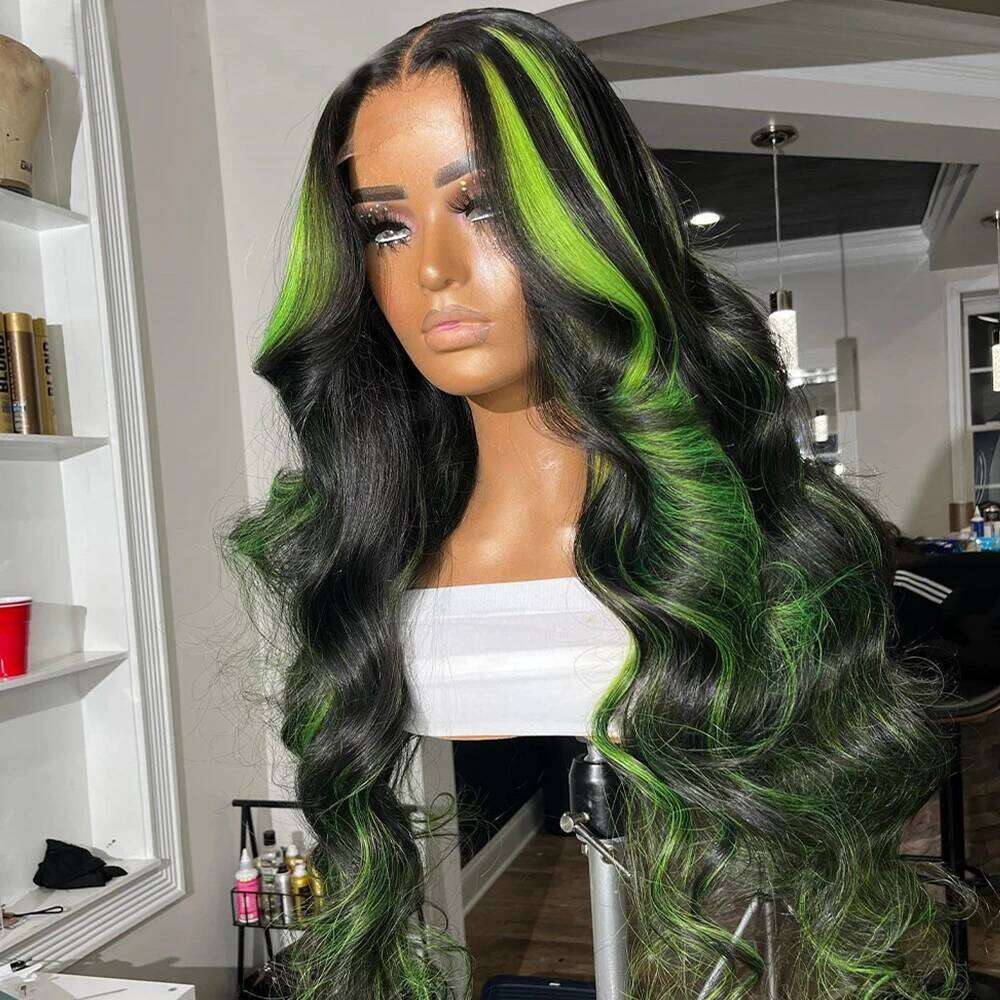 Black and Highlight 13x4 Body Wave Frontal Wigs Ombre 13x6 Green Lace Front Wig Human Hair Pre Plucked