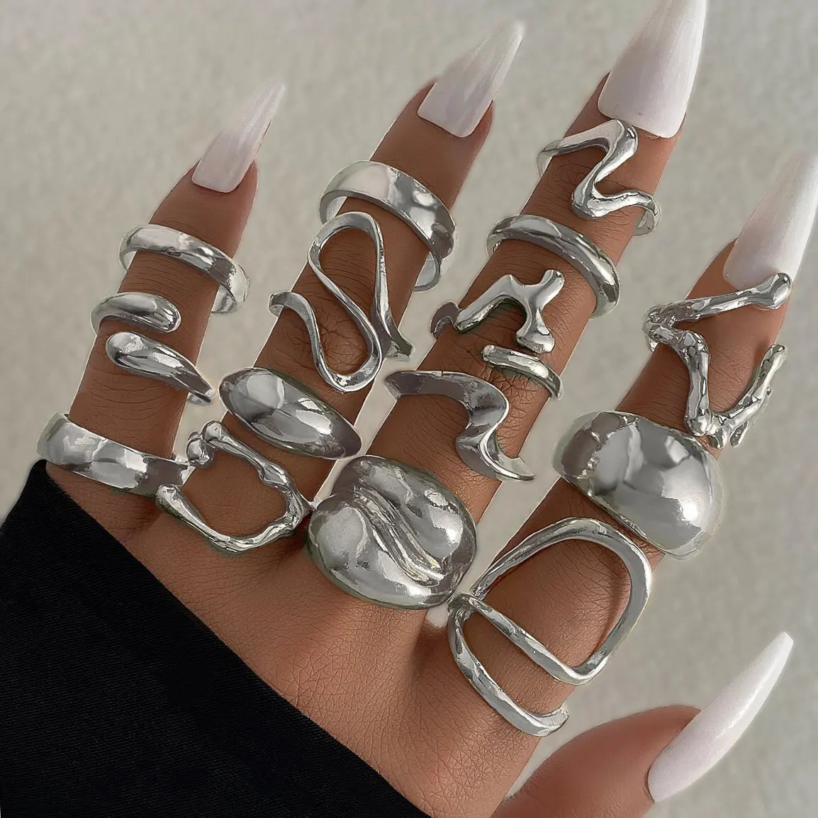 15Pcs/Set Fashion Punk Metal Irregular Lava Open Lines Water Droplet Lava Star Rings Set For Women Punk Geometric Smooth Jewelry 250716