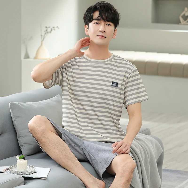 Newest Summer Knitted Cotton Pajamas Set Loose L-5XL Men Pajamas Short Sleeve Striped Sleepwear Male Leisure Home Clothing W250717