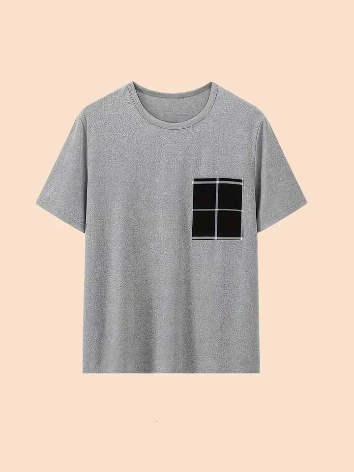 Mens Short Sleeve Pajama Set with Long Pants - Round Neck Plaid Pattern Summer Sleepwear Loungewear 2-Piece Outfit W250717