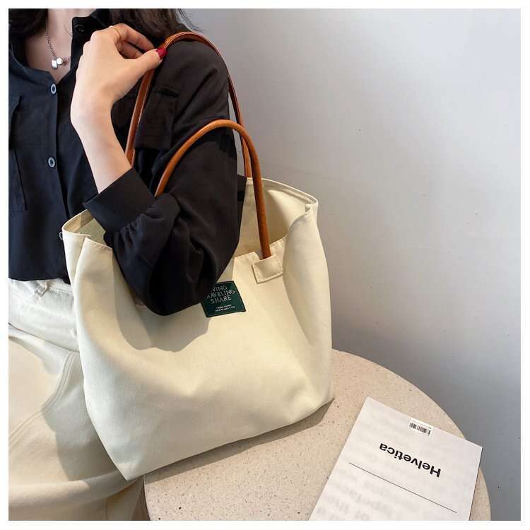 Autumn Winter New Capacity Single Shoulder Canvas Simple Handheld Women's Ins Style Large Solid Color Tote Bag