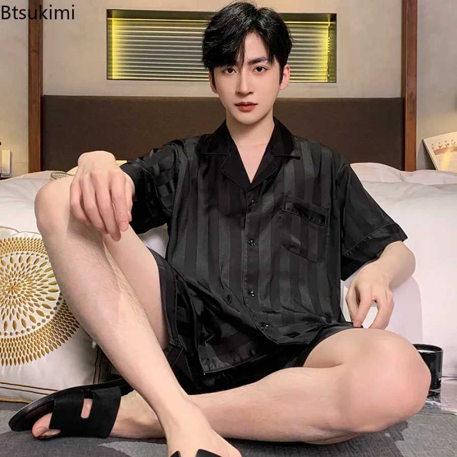 2025 Mens Pajama Sets Silk Satin Pajamas Turn-down Collar Sleepwear Short Sleeve Summer Nightwear Male 2 Pieces Sets Homewear W250717