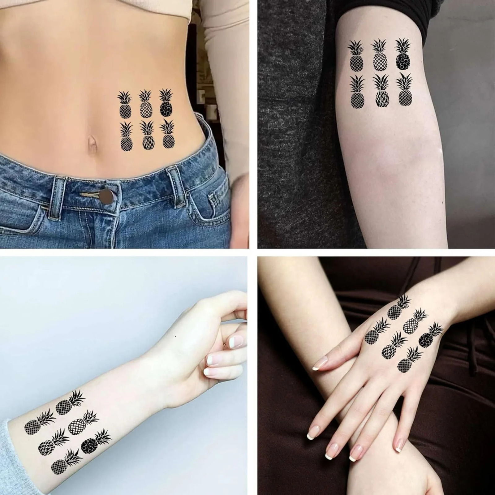 6 Sheets Temporary Tattoo for Men and Women Pineapple Black Hawaiian Hawai Summer 250714