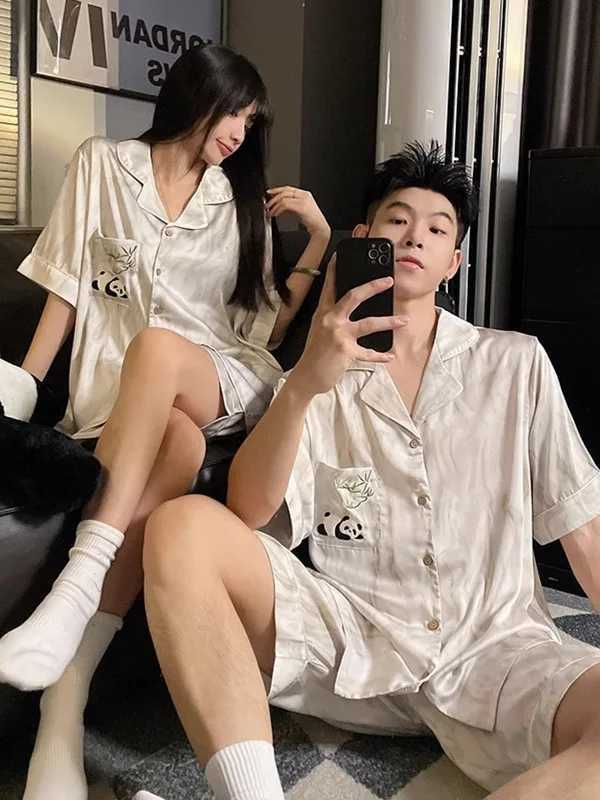 100% Cotton Ice Silk Short-Sleeved Couple Pajamas Womens Summer Cartoon Sleepwear Plus Size Thin Mens Loungewear Set Male Pajamas W250717