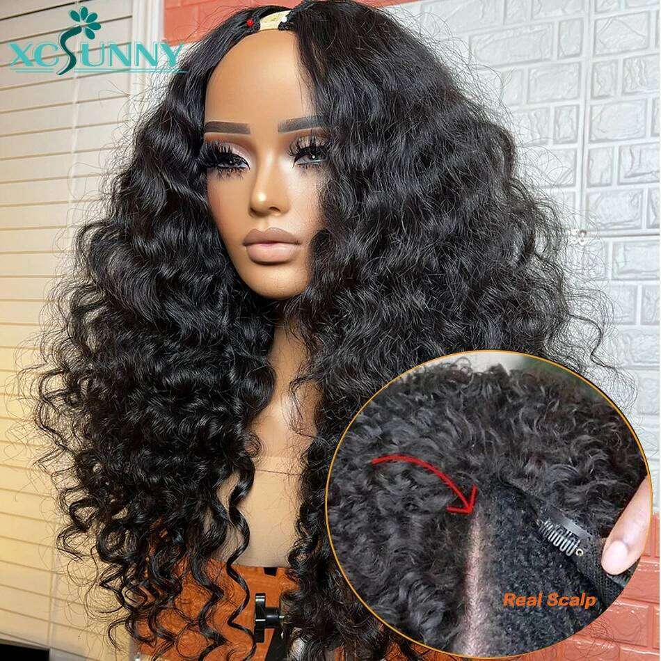 Water Wave V 180 Density Brazilian Upgrade U Part Human Hair Vpart Curly Wig Wear With Your Own Hairline