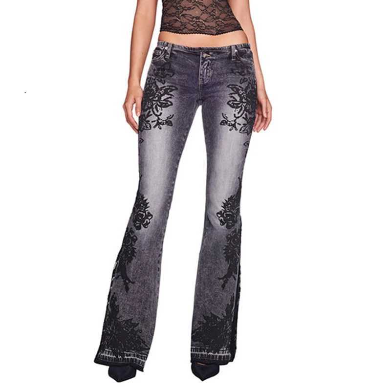 90s Vintage Plant Printed Flared Jeans Y2K Streetwear Low Waist Slim Denim Pants 2000s Washed High Street Women Trousers New R250716