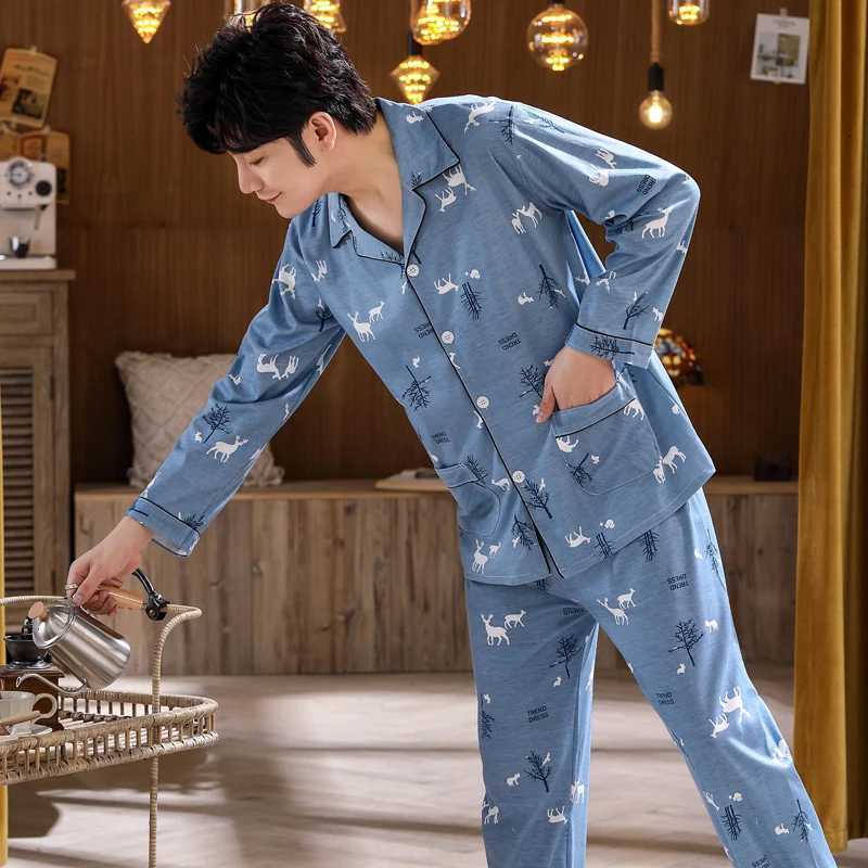 2 Piece Set Thickened Sleepwear Mens Spring Autumn and Winter Printed Long-Sleeved Cardigan Lapel Big Size Home Wear W250717