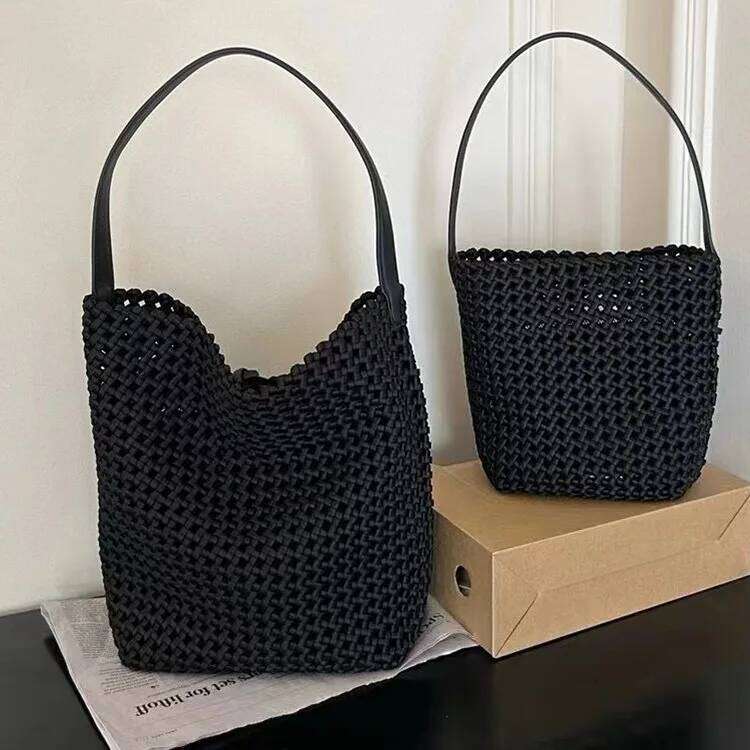 High-end nylon woven bucket hollowed-out single-shoulder tote bag, 2025 new large-capacity commuter underarm bag