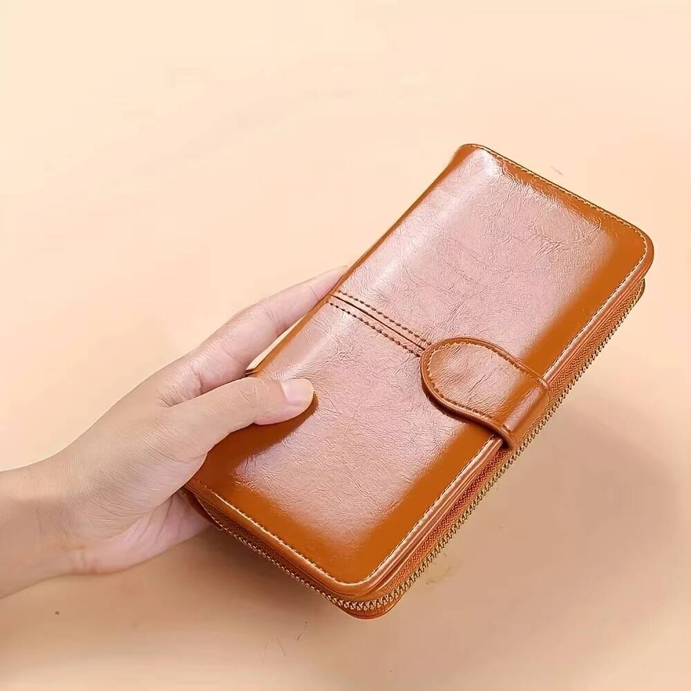 Womens Vintage Oil Wax PU Leather Clutch Wallet Female Large Capacity Phone Purse Ladies Wristband Simple Card Holder Pouch Bag ddmynov