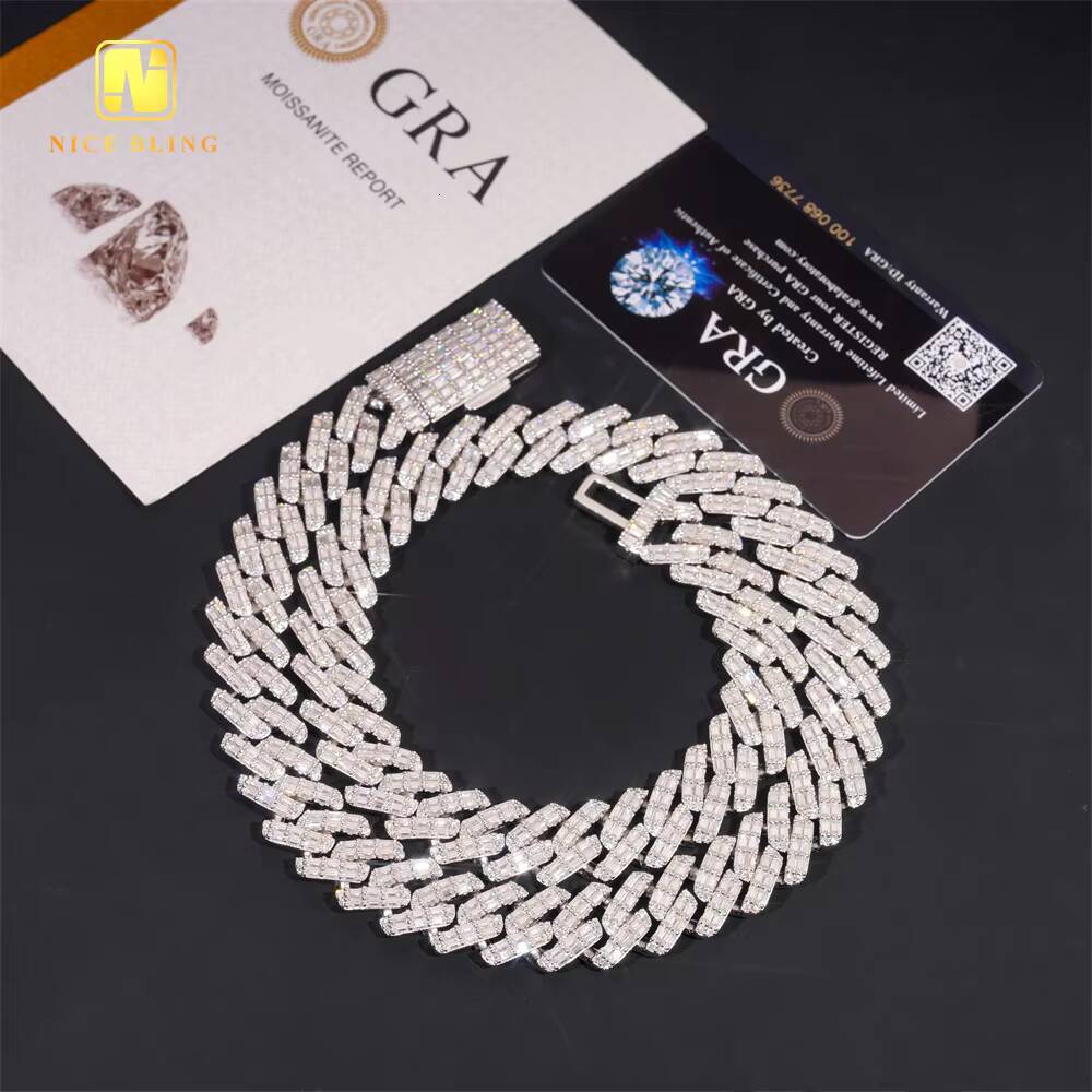 Iced Out Mens Jewelry Hip Hop Sparkle 925 Sterling Silver 15MM VVS Moissanite Baguette Diamond Cuban Link Bracelet Necklace