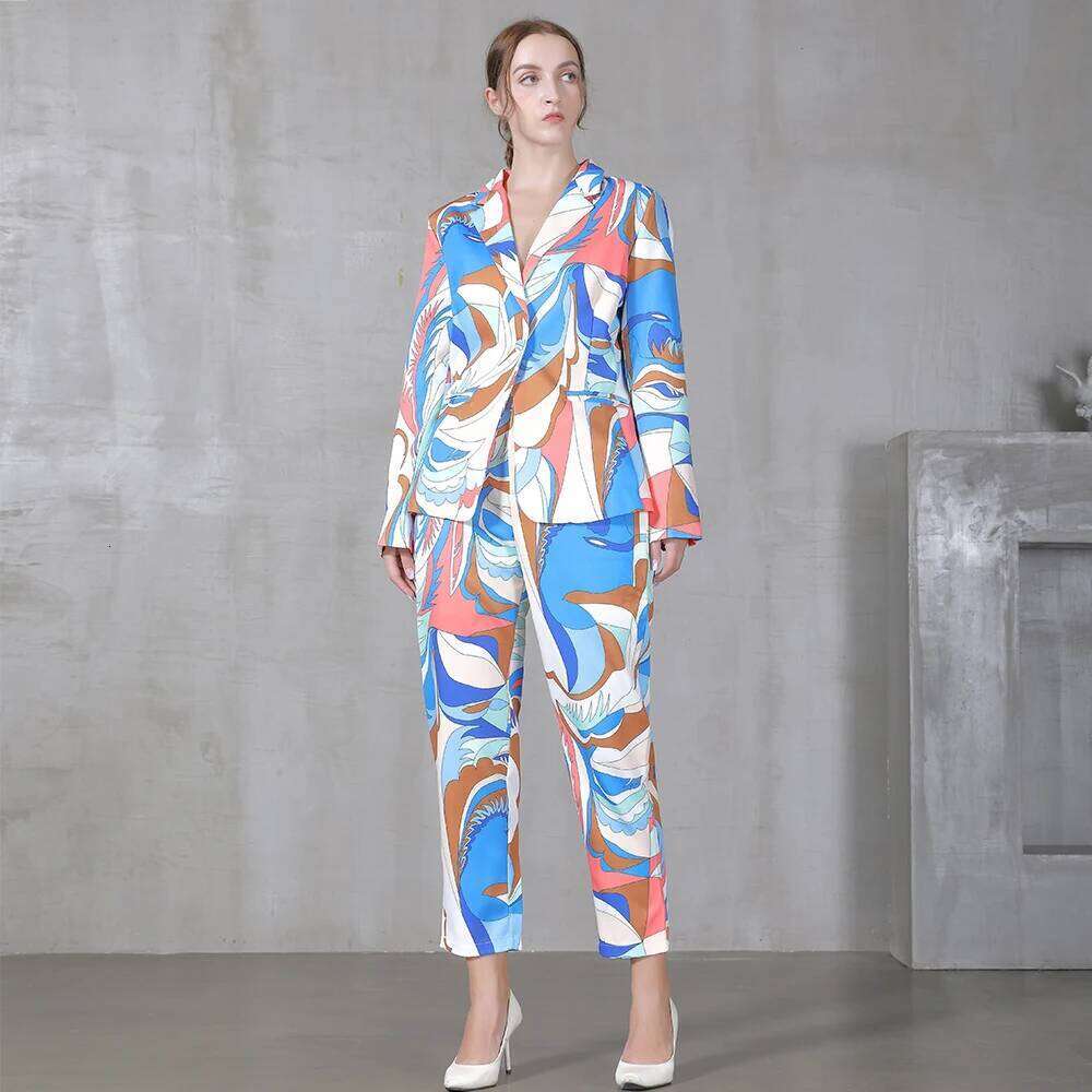 Fashion Spring Autumn Pant Suits Long Sleeve V-Neck Sexy Blouse Trousers Printing Two Pieces Suit Sets