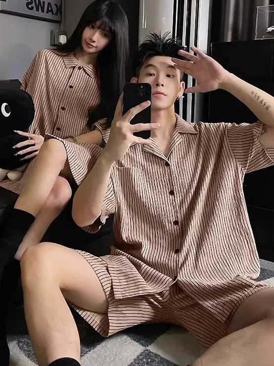 1111111111111111 Daimelu Couple Pajamas Womens Summer Short-Sleeved Plus Size Thin Mens Sleepwear Set Vertical Stripes Pajamas Suit Nightwear W250717