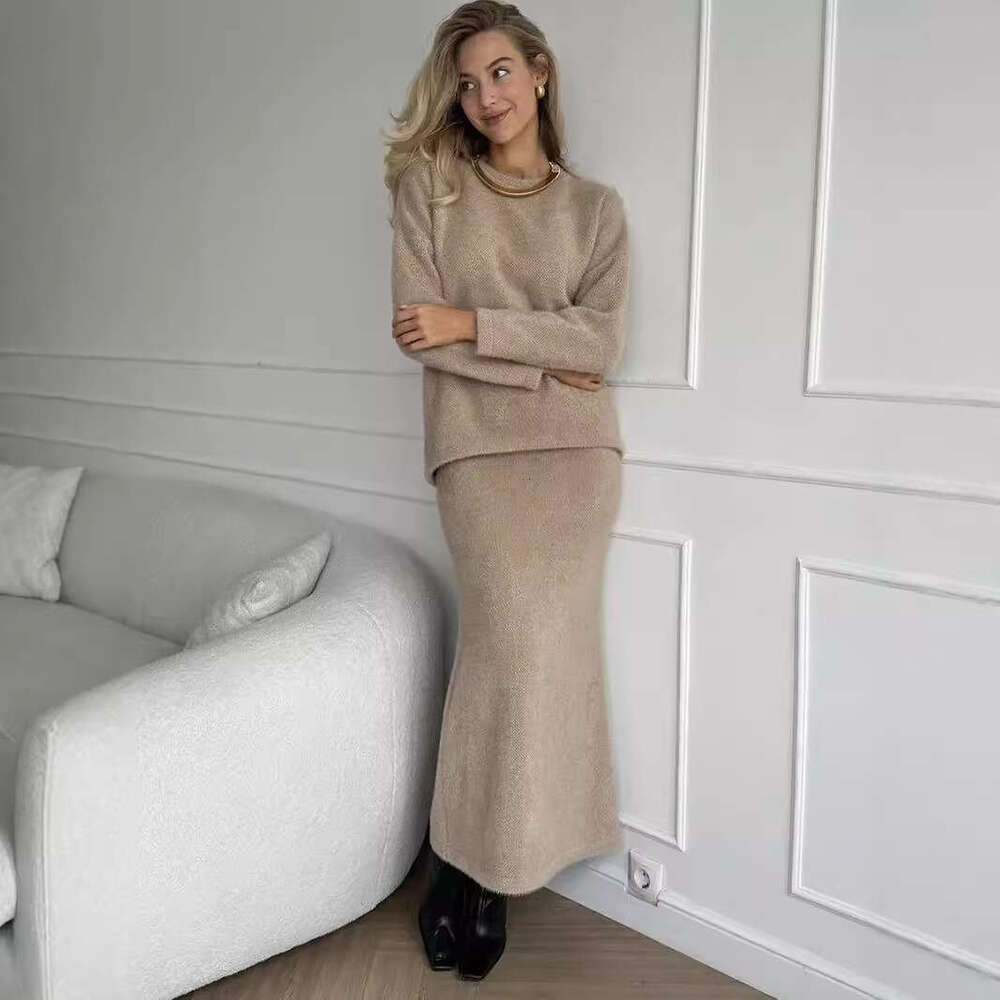 Autumn Winter Elegant Soft Thickened Round Neck Sweater Fishtail Two-Piece For Women OL Style Top + Skirt Set B5