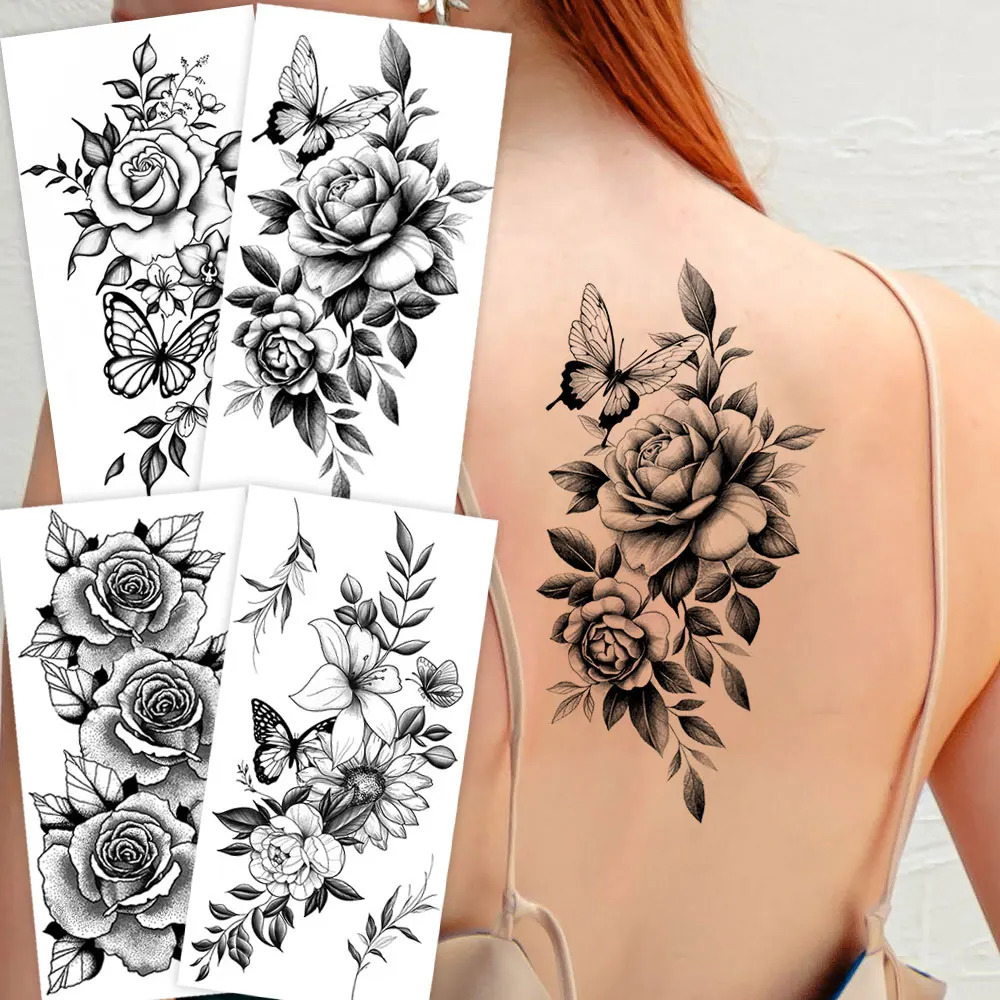 Waterproof Flower Temporary Tattoos for Women Black Floral Tattoo Stickers Hand Arm Body Disposable Art 250714