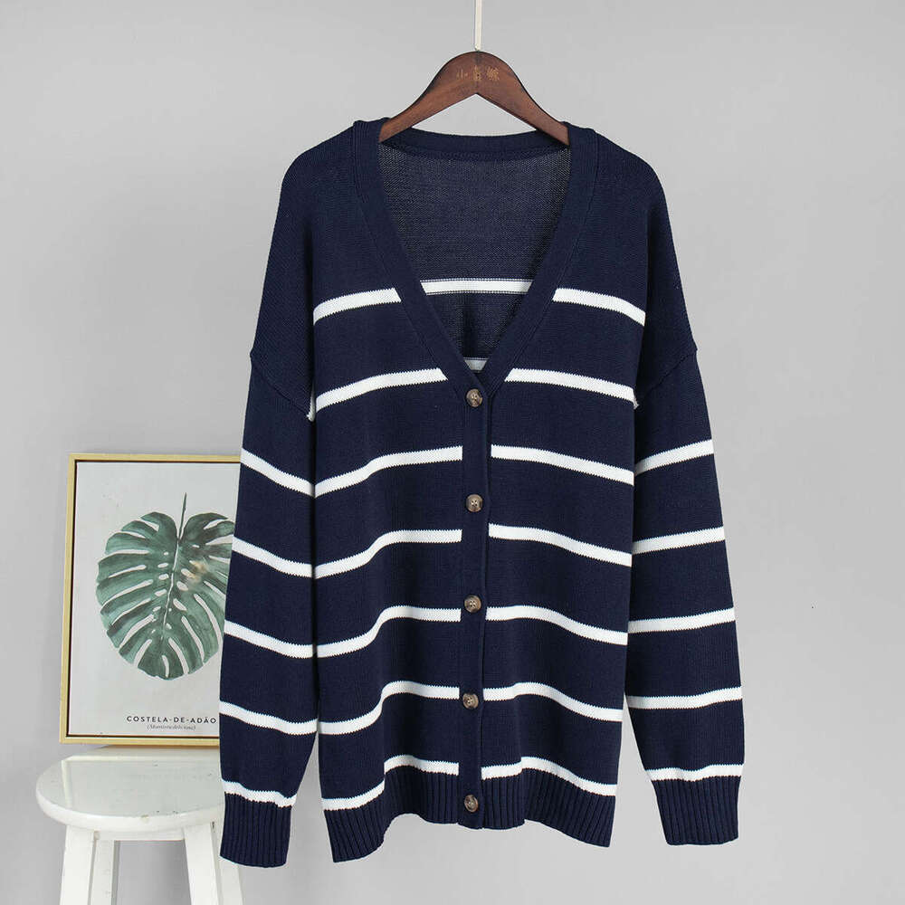 Knitted Autumn Winter New V-Neck Cardigan Pure Cotton Striped Sweater Women B5