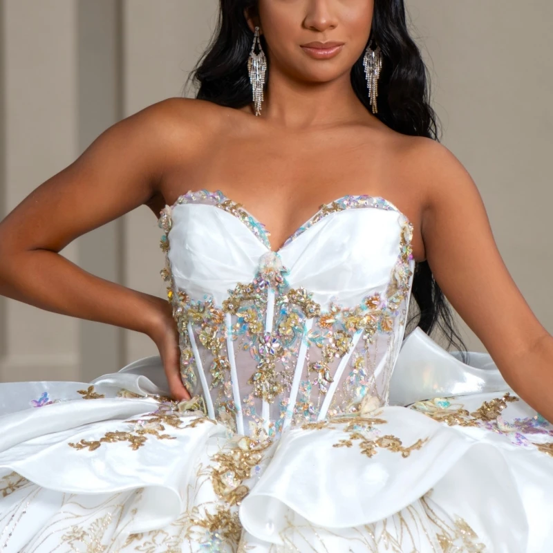 White Shiny Quinceanera Dresses Ball Gown Off The Shoulder Sequin Gold Applique Lace Beads Tull Sweet 16 Dress Vestidos 15 De Anos