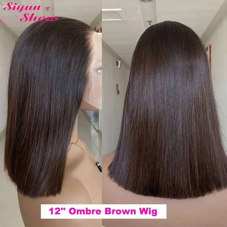 Raw Vieamese Bone Straight Wigs Double Drawn Short Bob Human Hair Pre Plucked HD Transparent Lace Frontal Wig Ombre Brown