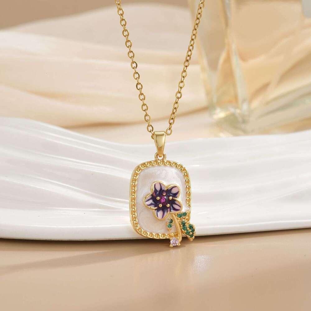 Monet Garden Vintage Titanium Steel Necklace Drop Micro Inlaid Zircon High-End Oil Painting Style Collarbone Chain Accessory Cad