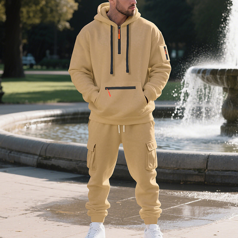 Hoodie Sweatshirt with Zipper and Multiple Pockets Pullover Men's Sports Casual Top Two-Piece Set