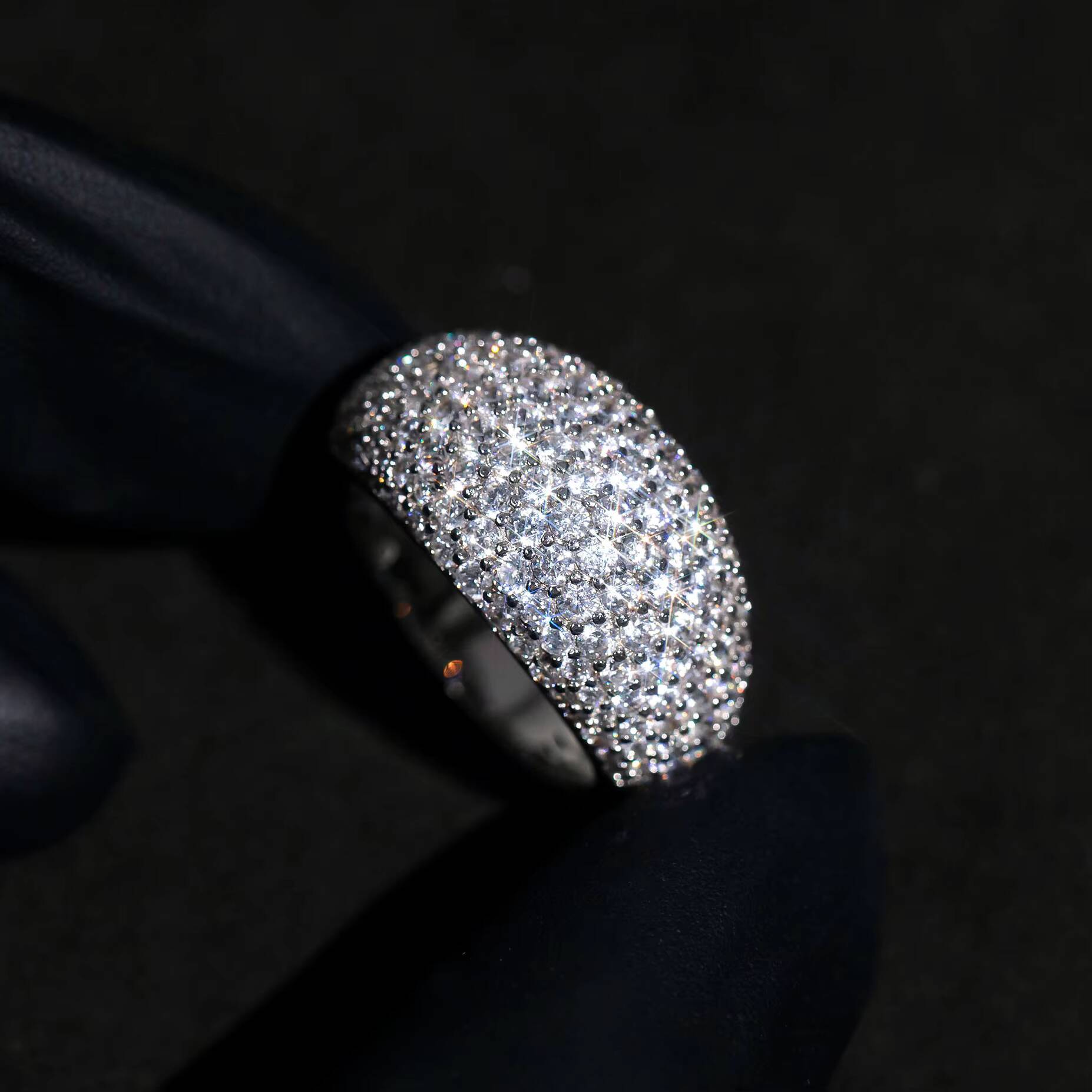 Hip Pop Rock Style Iced Out Pave Moissanite Diamond Dome Ring Silver 925 Plated With 18K White Gold VVS Moissanite Jewelry