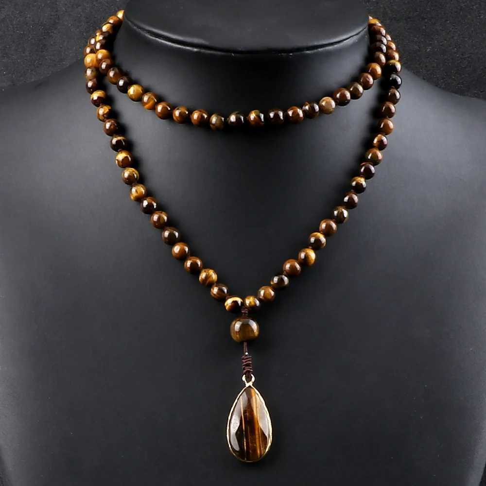 Vintage Design Tiger Eye Stone Necklace Handmade Knotted 6mm 108 Mala Beads Necklaces Drop Pendant Women Men Yoga Jewelry Gifts XJ250717