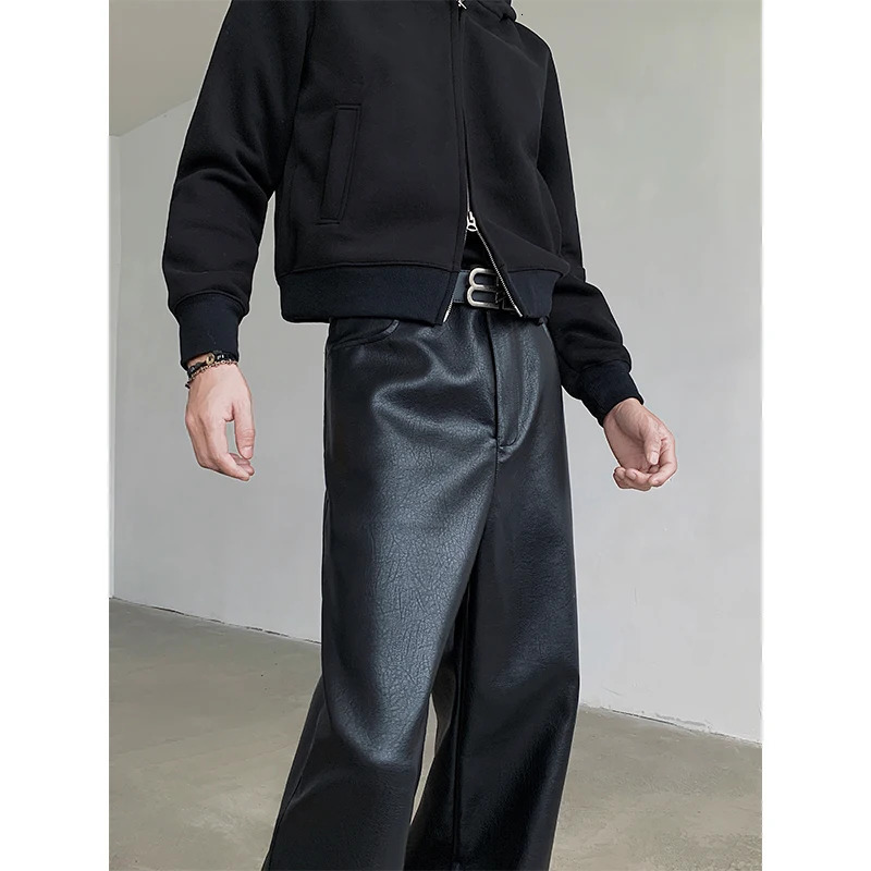 Autumn Winter Punk Mens PU Leather Pants Fashion Black Hipcool Men Zipper Wideleg Mopping Trousers Allmatch Windproof 250704