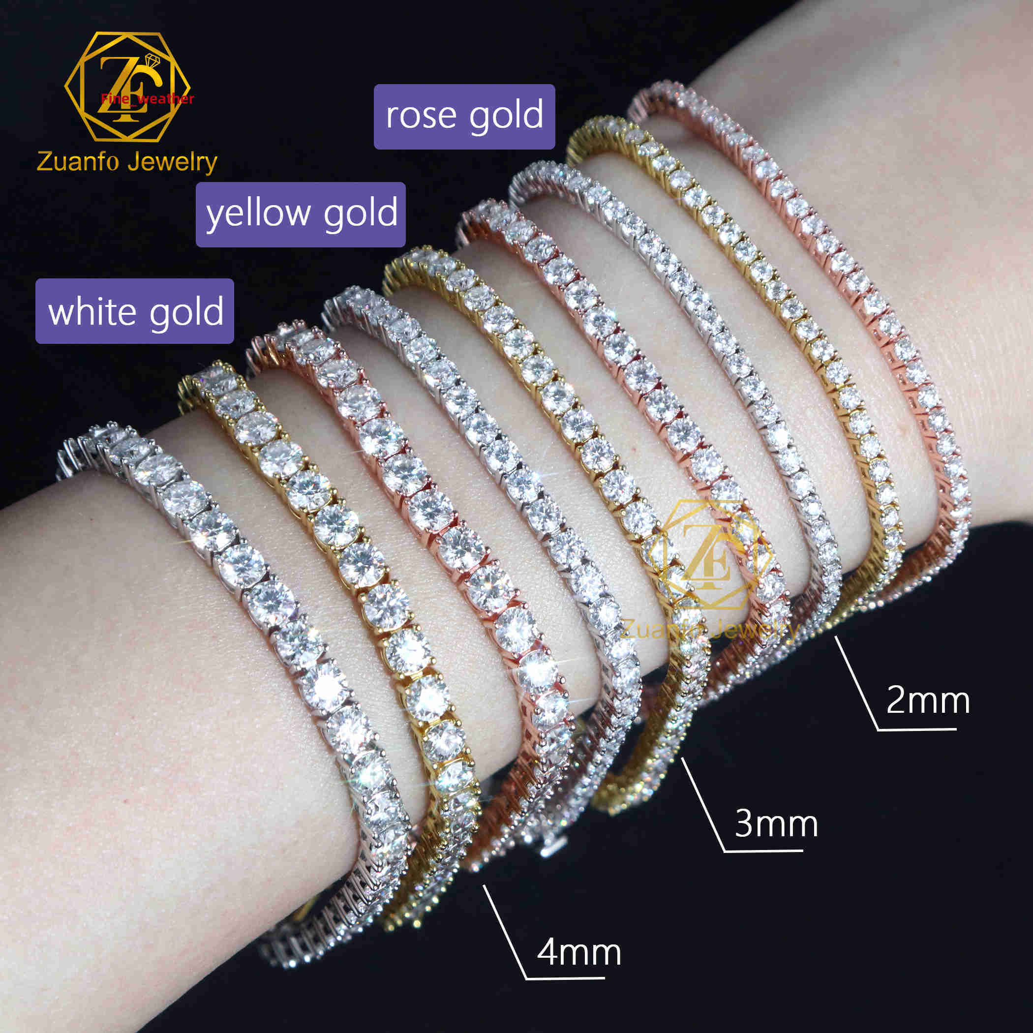 High Quality 10k 14K Gold Hip Hop Tennis Chain 2mm 3mm 4mm 5mm Lab Grown Diamond Bracelet DEF VVS-VS Brilliant Cut