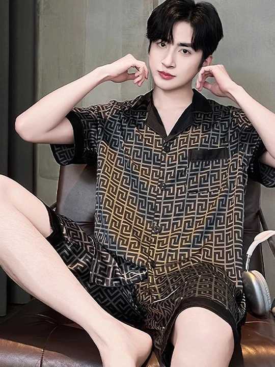 Daimelu Korean Pajamas Men Summer Ice Silk Short-Sleeved Nightwear Thin Male Teenagers Plus Size Homewear Suit Simple Sleepwear W250717