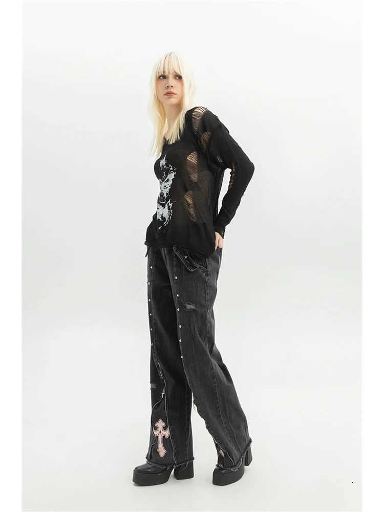 Women Clothing Black Gothic Jeans 90s Aesthetic Y2k Oversize Denim Trousers Vintage Harajuku Korean Emo 2000s Trashy Jean Pants R250716