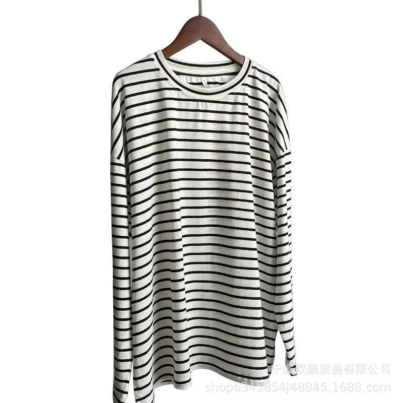 Spring Summer Fashion Loose Cotton Striped T-Shirt For Women Casual Round Neck Long Sleeve Split Top Style B5