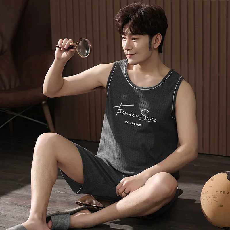 2025 New Style Mens Pajamas Set Summer Thin Cotton Male Pajamas Sets Vest Sleepwear Sleeveless Tops + Shorts 2pcs/set L-XXXXL W250717