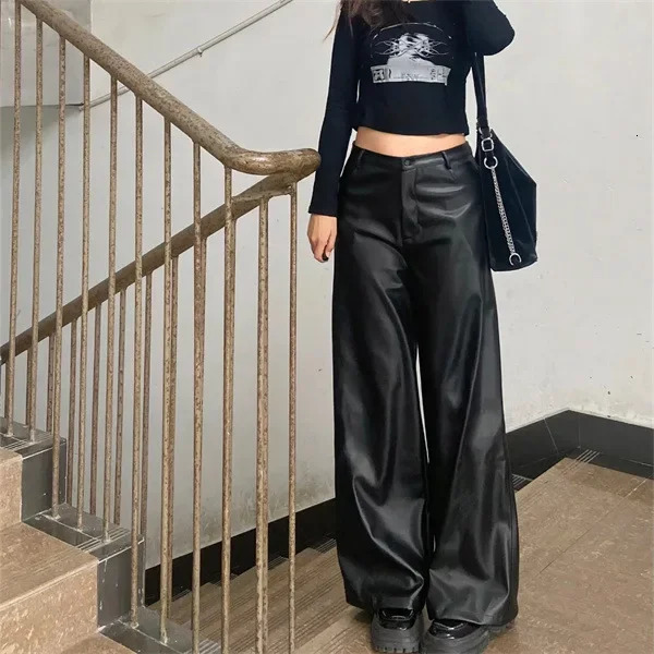 Plus Size HighWaisted StraightLeg Black PU Leather Trousers Casual FloorLength Spring Autumn N WideLeg 250704